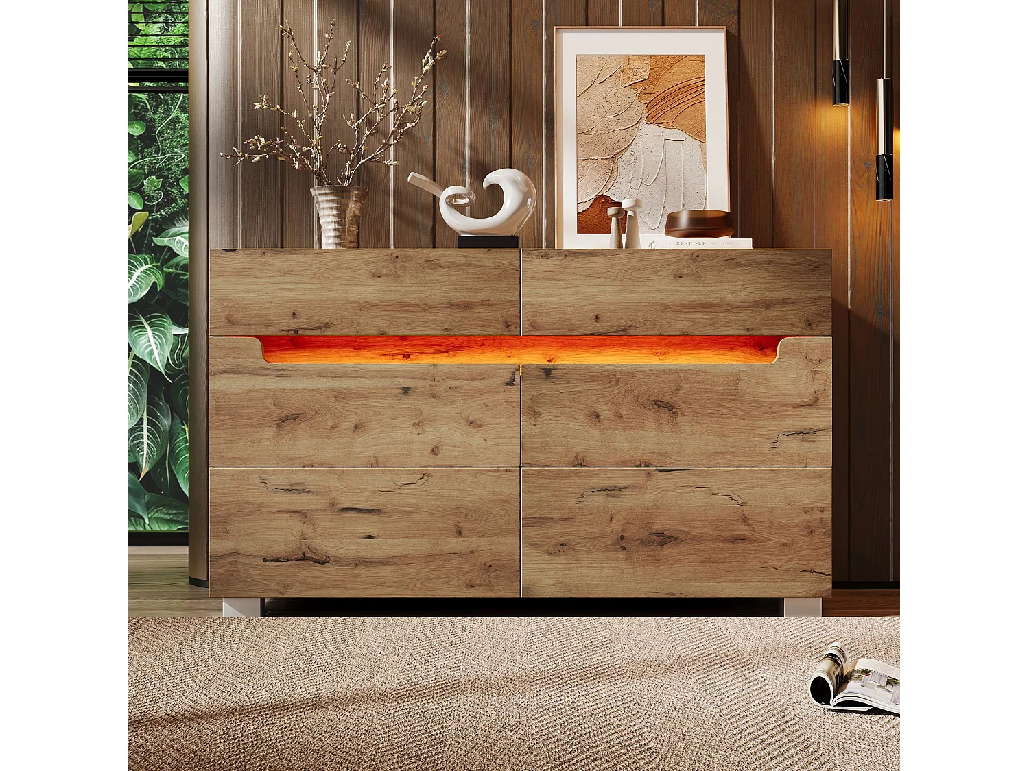 Commode marron avec 6 tiorirs et éclairage LED, 120x40x71 cm