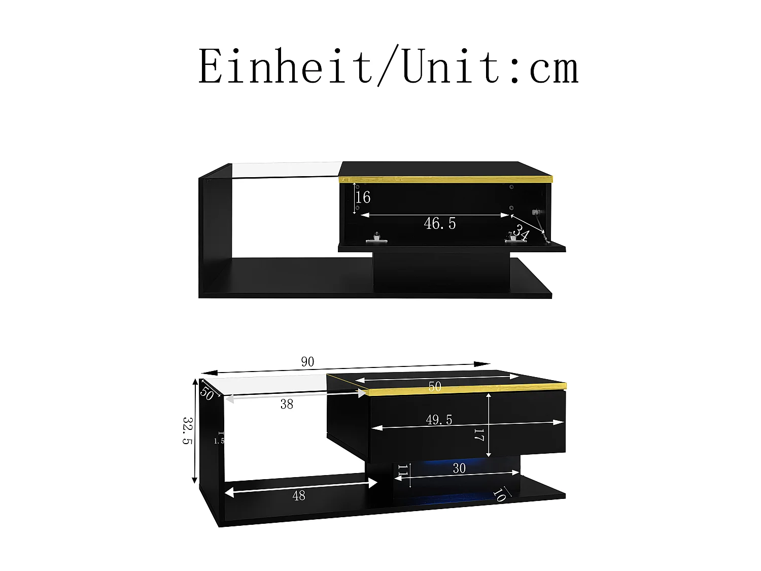 90 cm LED salontafel, zwarte salontafel met opbergvakken, modern design, 16-kleurige verlichting