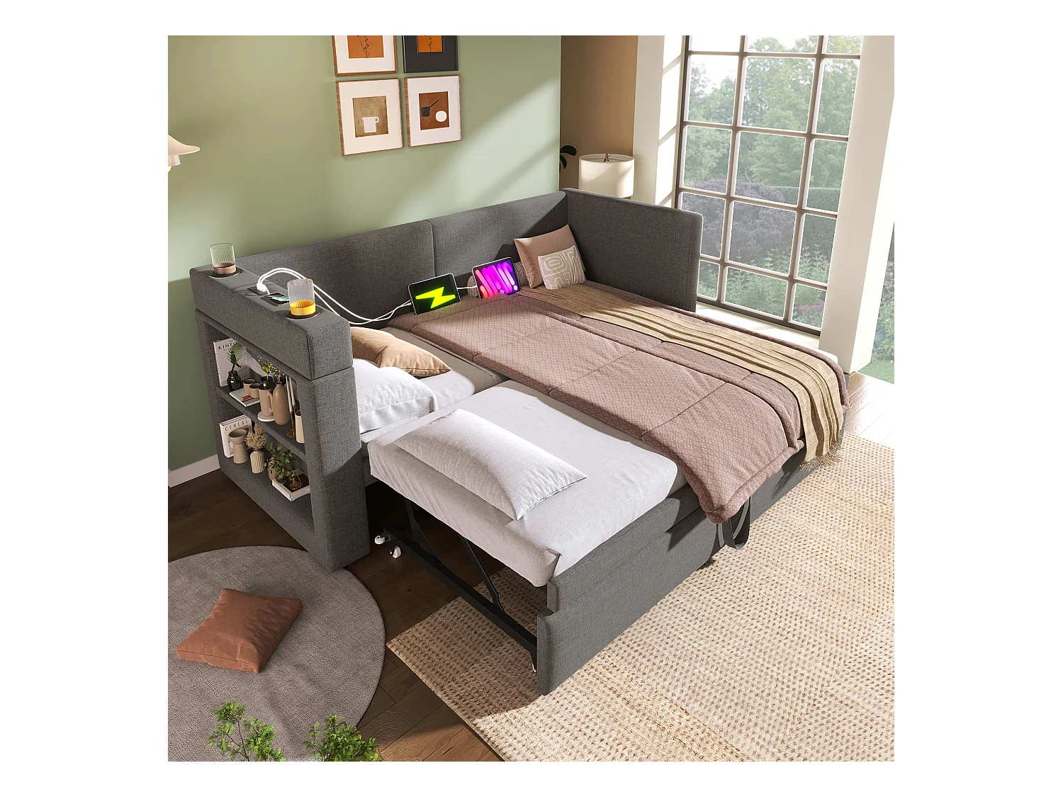 Lit banquette 90x200 cm, lin gris, Lit gigogne avec chargement USB, porte-gobelet et étagère de rangement, sans matelas