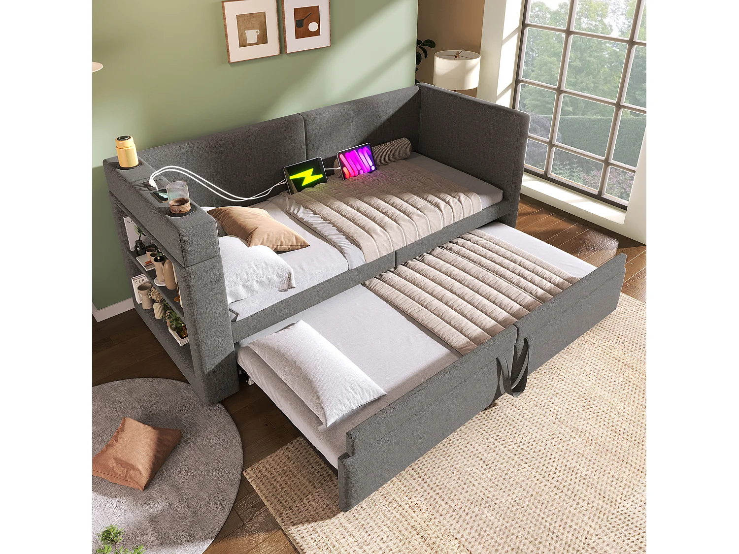 Lit banquette 90x200 cm, lin gris, Lit gigogne avec chargement USB, porte-gobelet et étagère de rangement, sans matelas