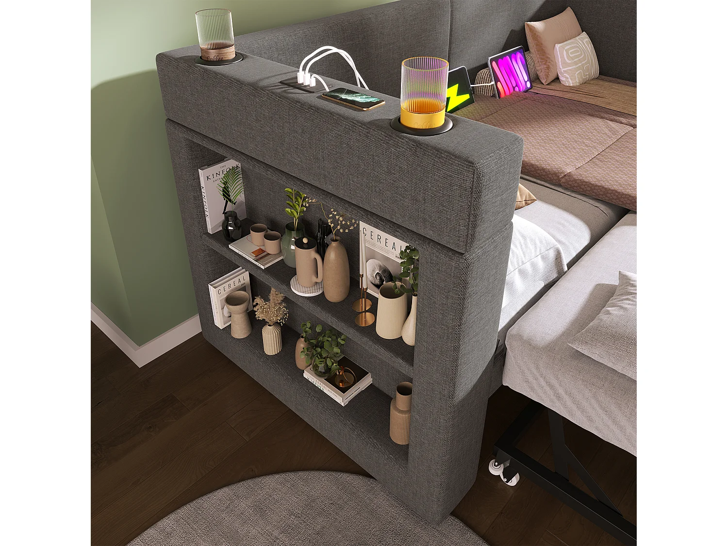 Lit banquette 90x200 cm, lin gris, Lit gigogne avec chargement USB, porte-gobelet et étagère de rangement, sans matelas