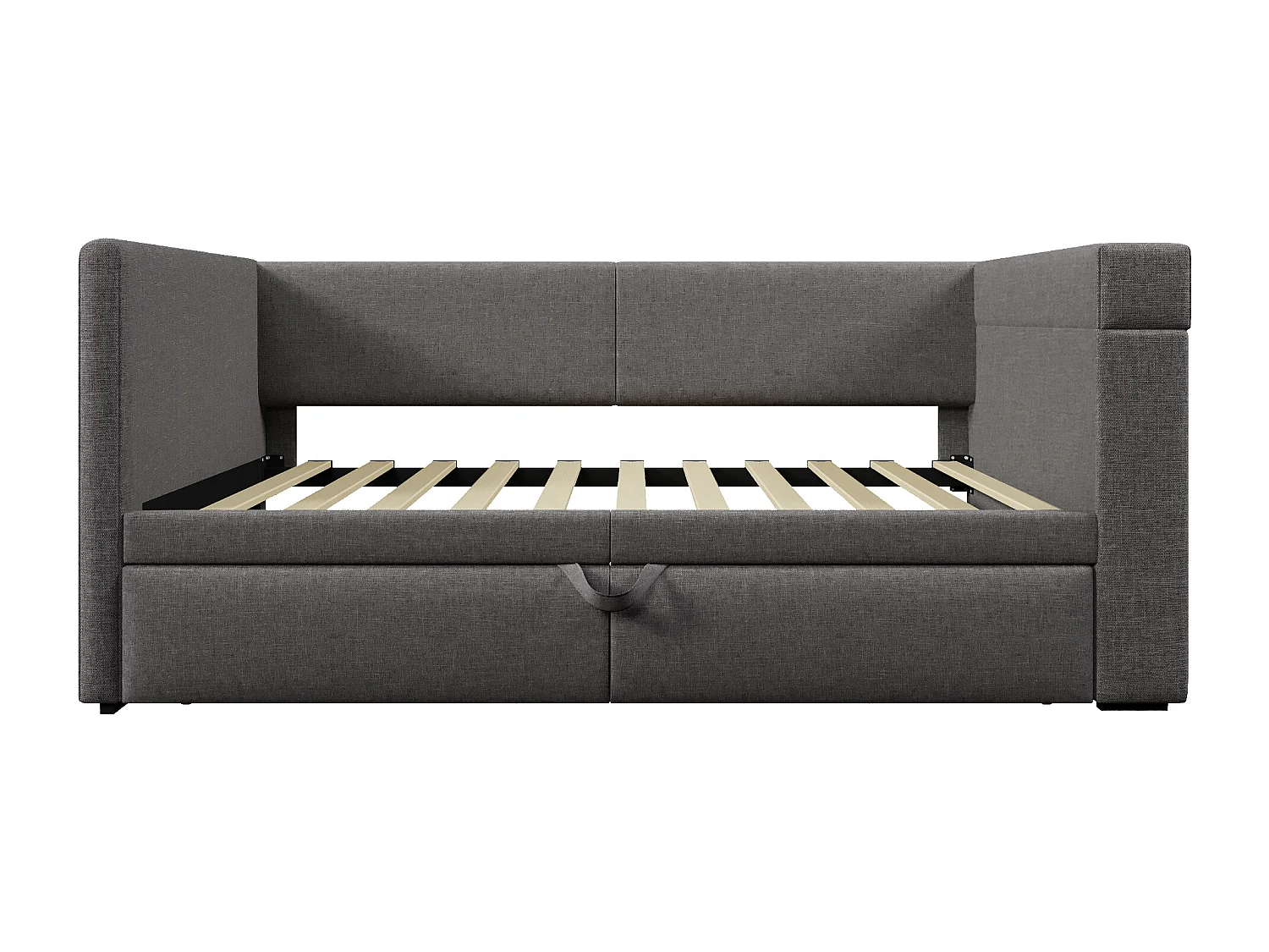 Lit banquette 90x200 cm, lin gris, Lit gigogne avec chargement USB, porte-gobelet et étagère de rangement, sans matelas