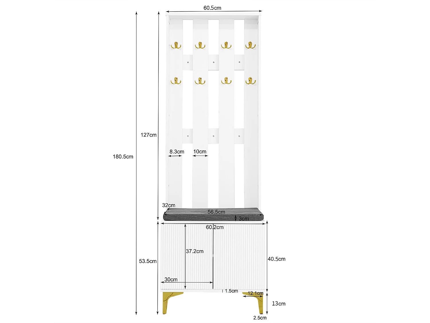 Witte kapstok met schoenenbank – golfvormige deuren, gouden haken en verstelbare planken – modern halmeubilair