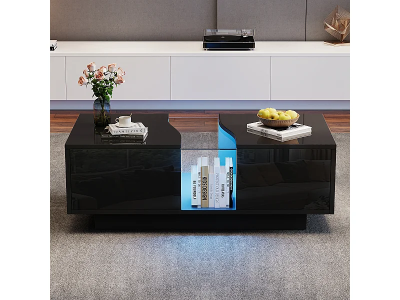 Rechteckiger Couchtisch, schwarz, mit LED-Beleuchtung und 2 Schubladen, MDF-Material, für Wohn- und Schlafzimmer