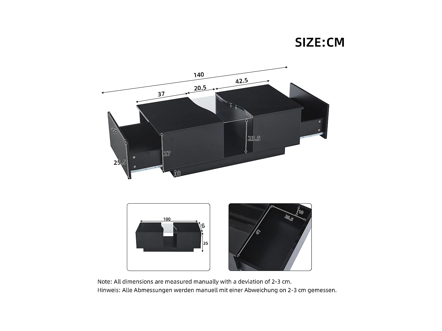 Table basse rectangulaire, Table basse noire avec éclairage LED et 2 tiroirs, Matériau MDF, pour salon et chambre