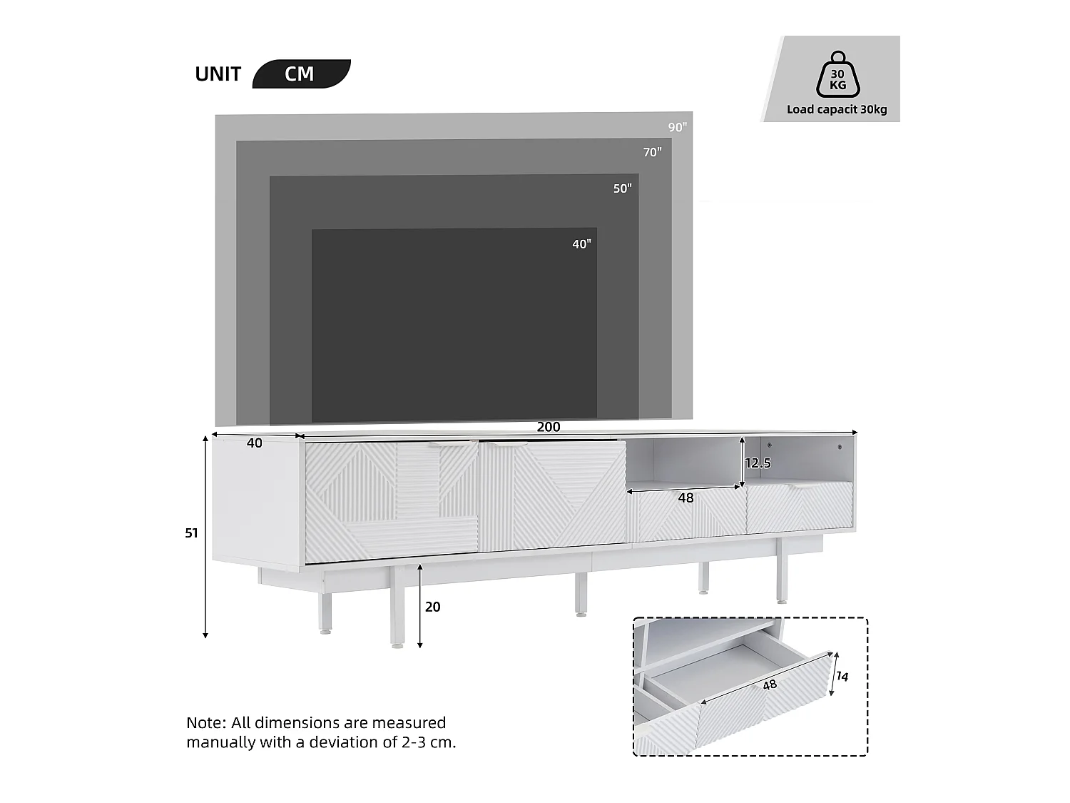 Meuble TV 200 cm, Meuble TV blanc avec 2 portes et 2 tiroirs - pour salon et bureau