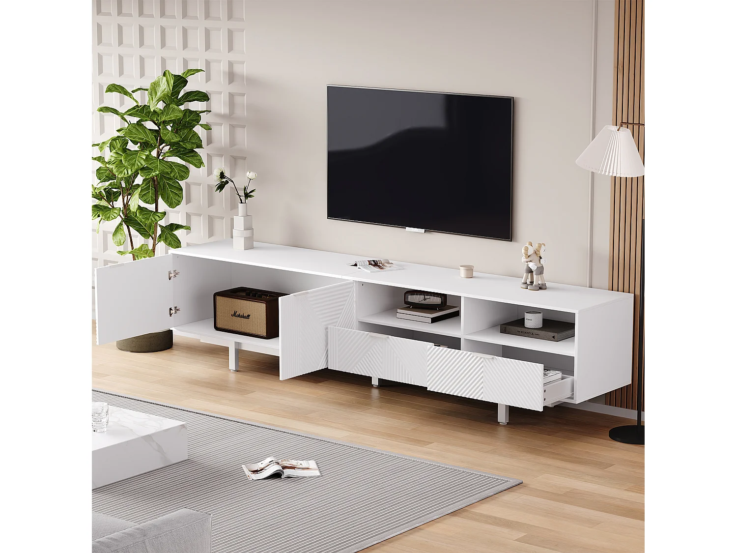 Stojak pod TV 200 cm, biała szafka pod TV z 2 drzwiami i 2 szufladami, nowoczesny styl, do salonu i biura