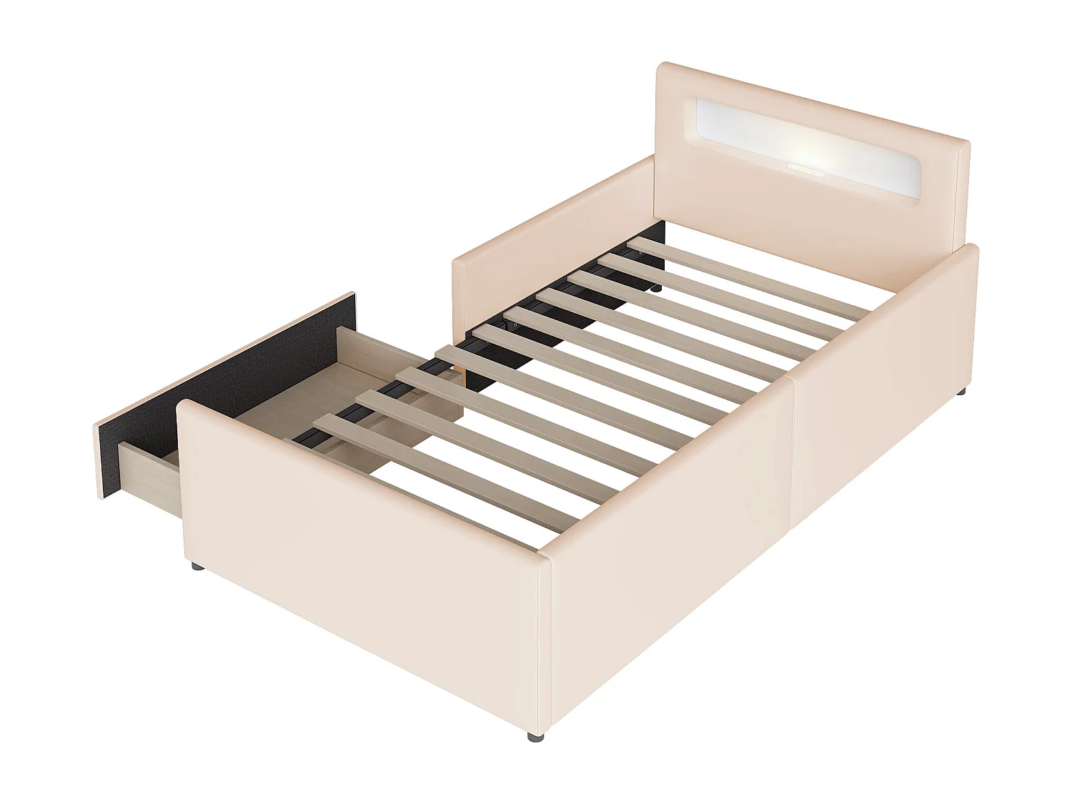 Kinderbed 90x200cm met ledverlichting en USB-aansluiting, opberglade, veiligheidsranden, beige imitatieleer, zonder matras