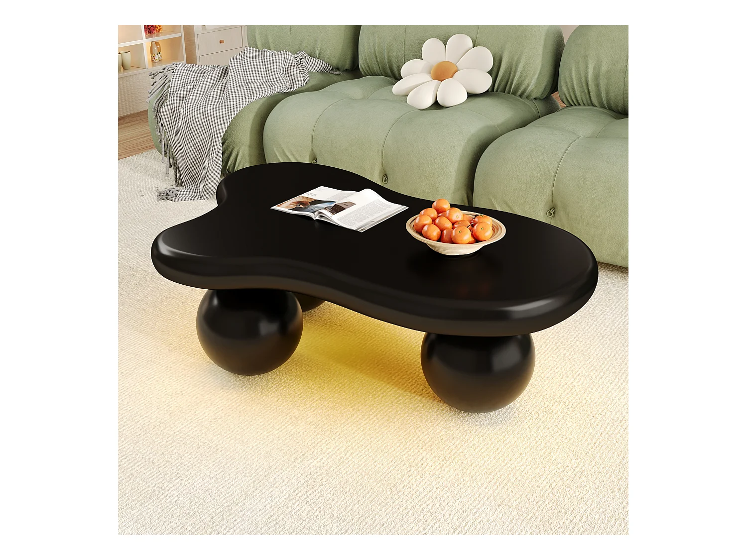 Table basse noire nuage avec LED, 16 couleurs, Pieds ronds, pour salon et chambre enfant