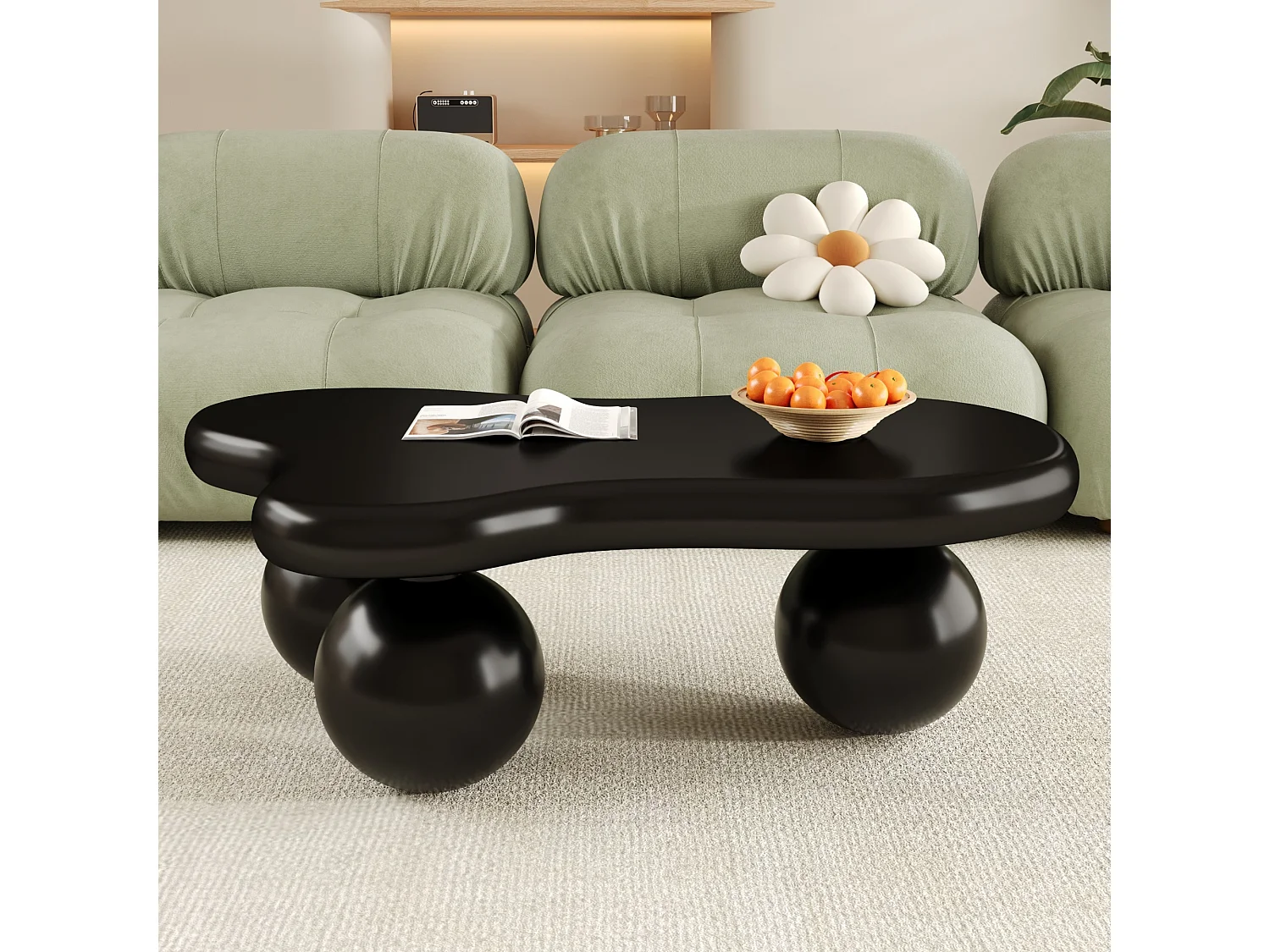 Table basse noire nuage avec LED, 16 couleurs, Pieds ronds, pour salon et chambre enfant