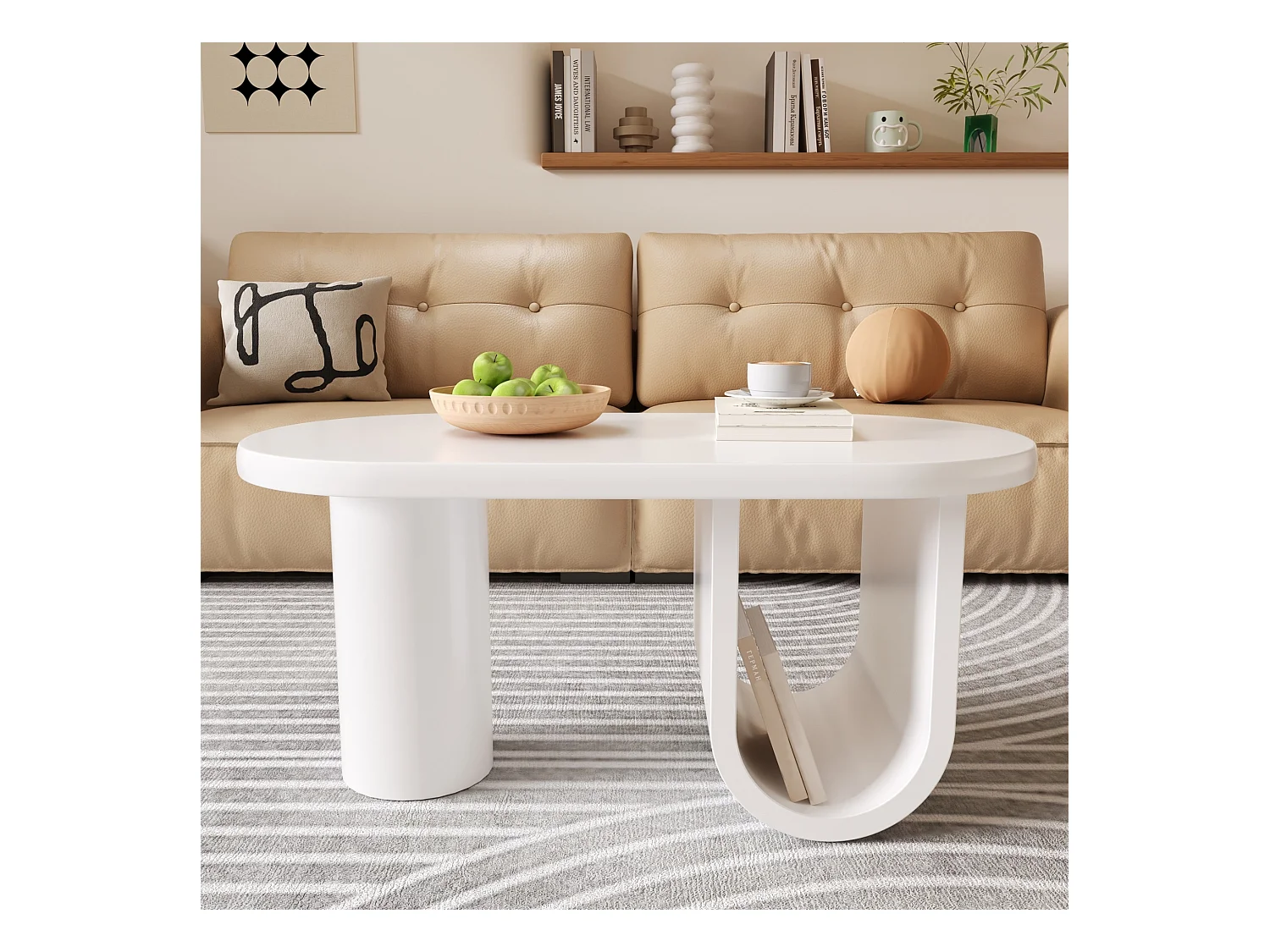 Table basse ovale, Table basse blanche avec pieds en U, matériau MDF, pour salon et bureau