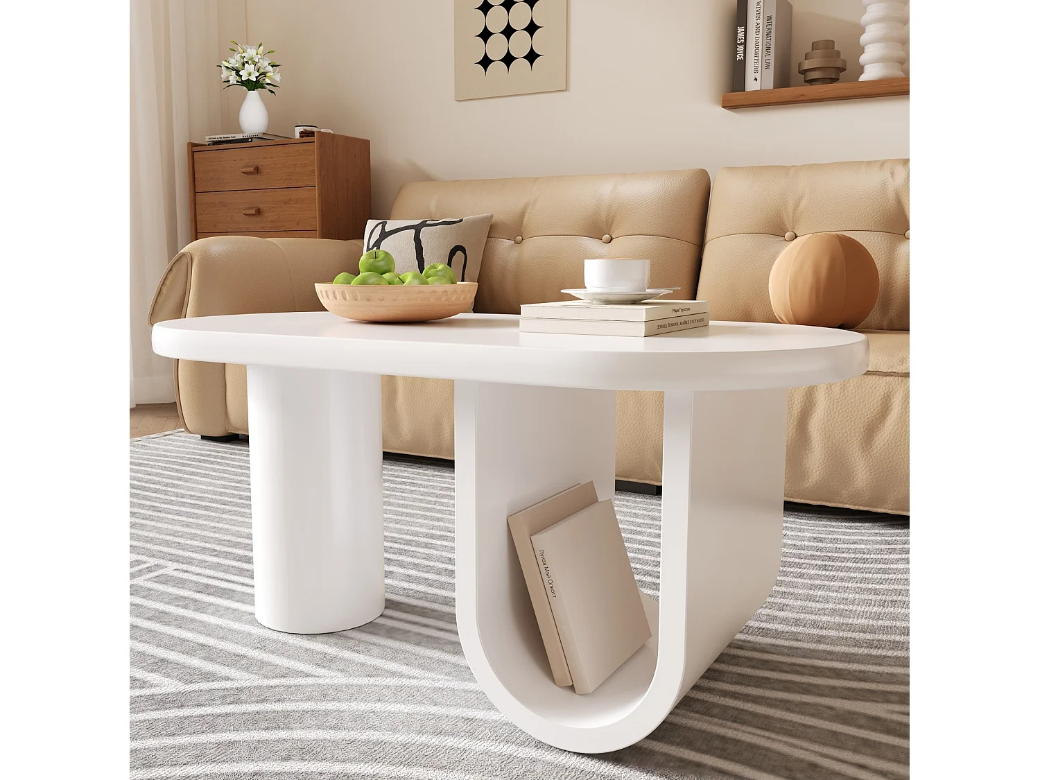 Mesa de centro ovalada, blanca con patas en U, de MDF, ideal para salón y oficina