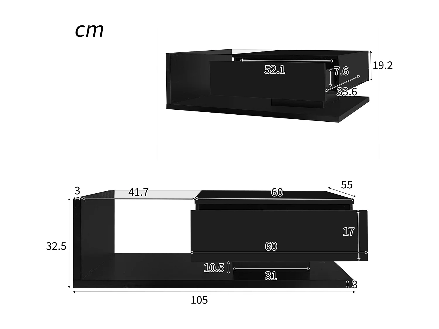 Table basse salon noir brillant avec verre trempé et LED , 1 tiroir, 105x55x32,5 cm
