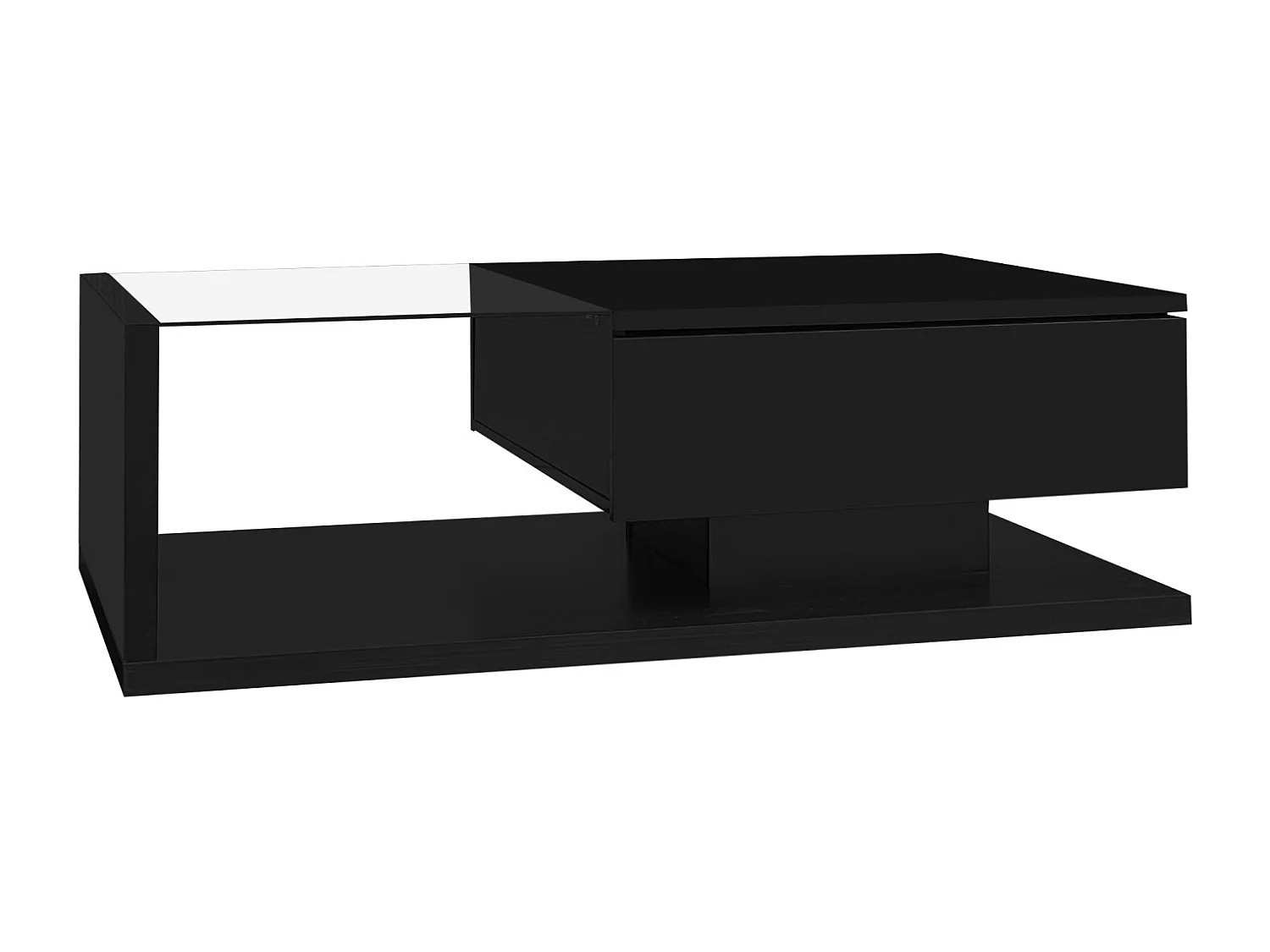 Table basse salon noir brillant avec verre trempé et LED , 1 tiroir, 105x55x32,5 cm