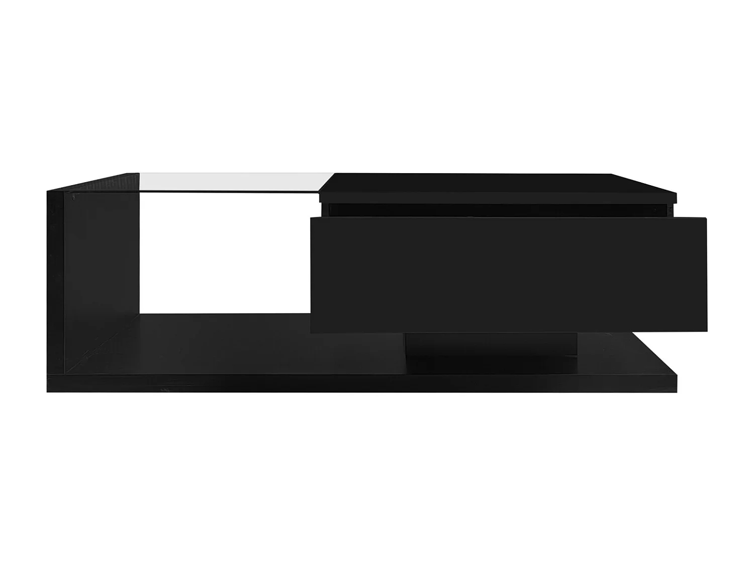 Table basse salon noir brillant avec verre trempé et LED , 1 tiroir, 105x55x32,5 cm