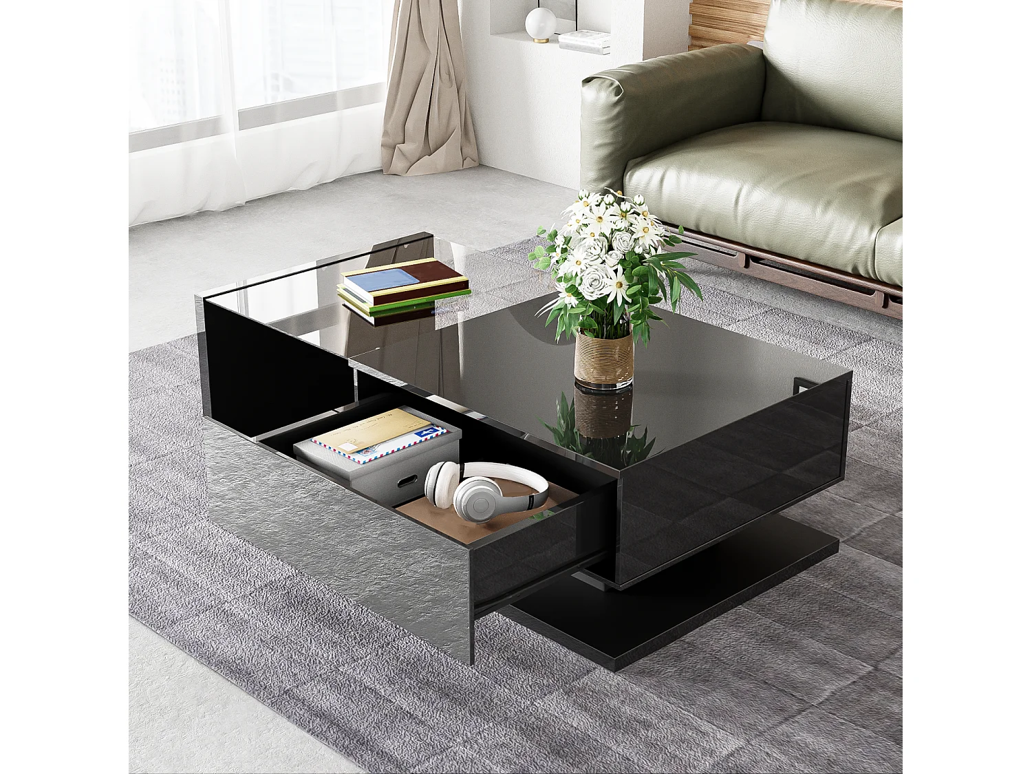 Table basse salon noir brillant avec verre trempé et LED , 1 tiroir, 105x55x32,5 cm