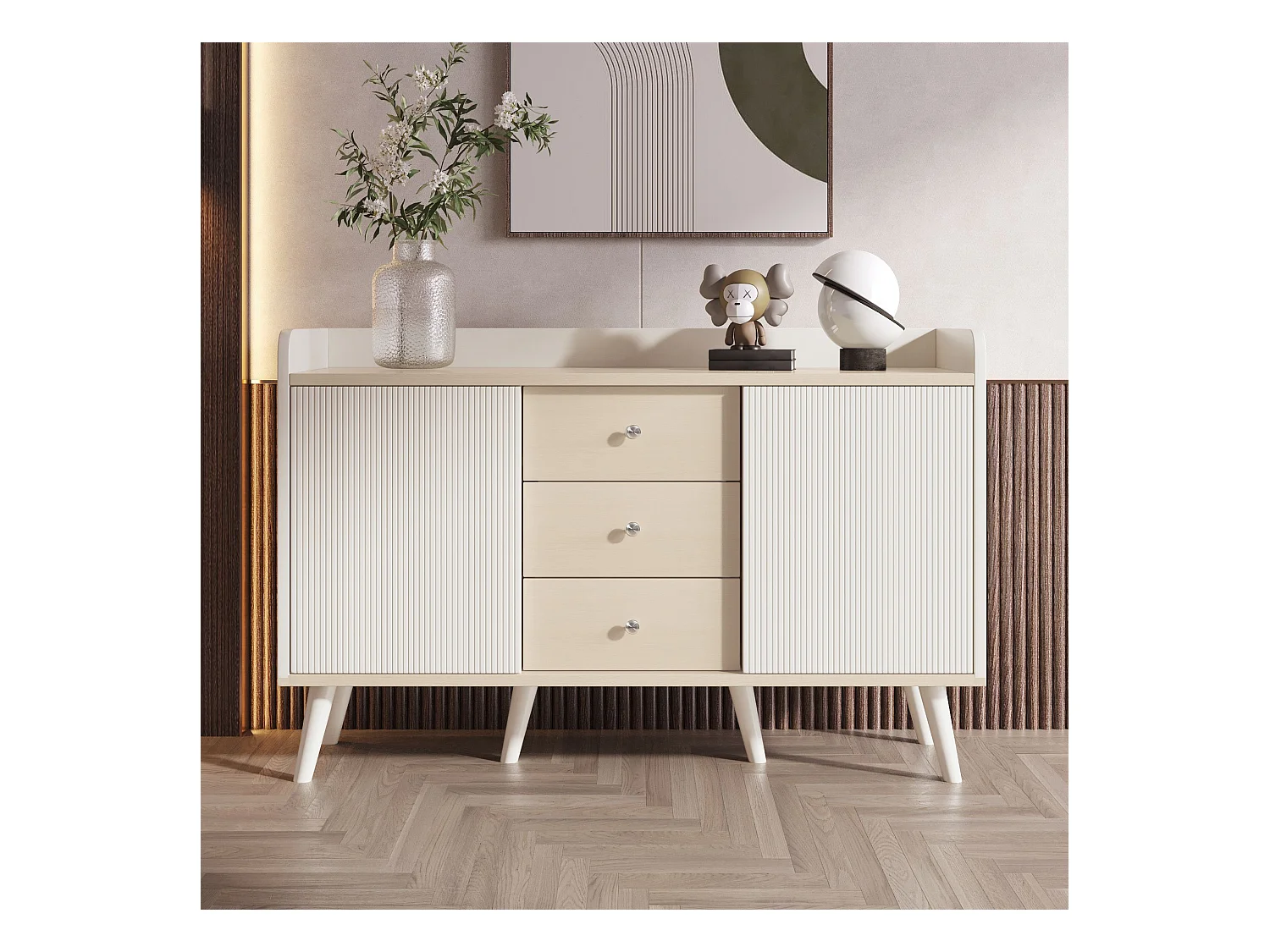 Aparador blanco y color madera, con 3 cajones y 2 puertas, tiradores metálicos, para dormitorio y salón