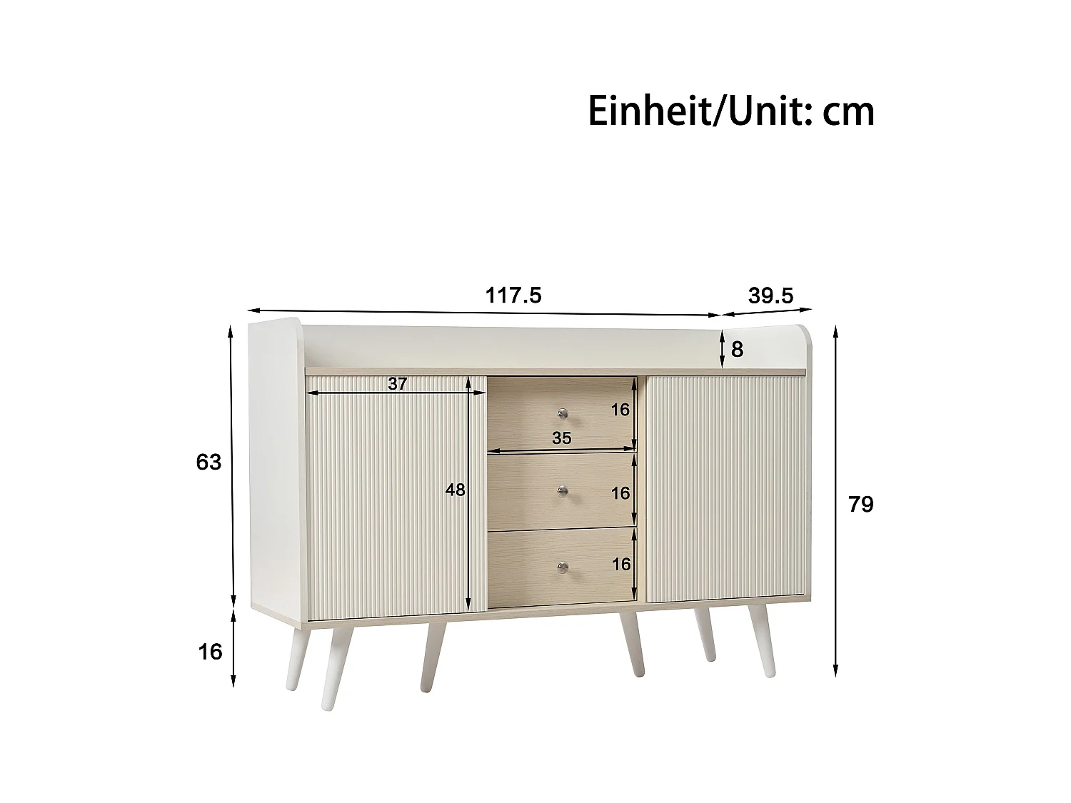 Aparador blanco y color madera, con 3 cajones y 2 puertas, tiradores metálicos, para dormitorio y salón