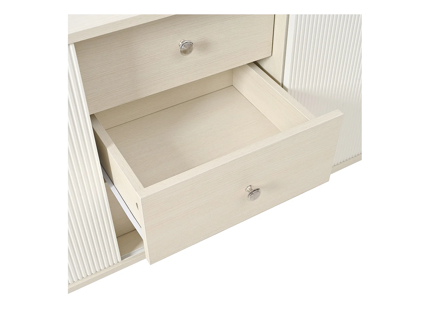 Aparador blanco y color madera, con 3 cajones y 2 puertas, tiradores metálicos, para dormitorio y salón