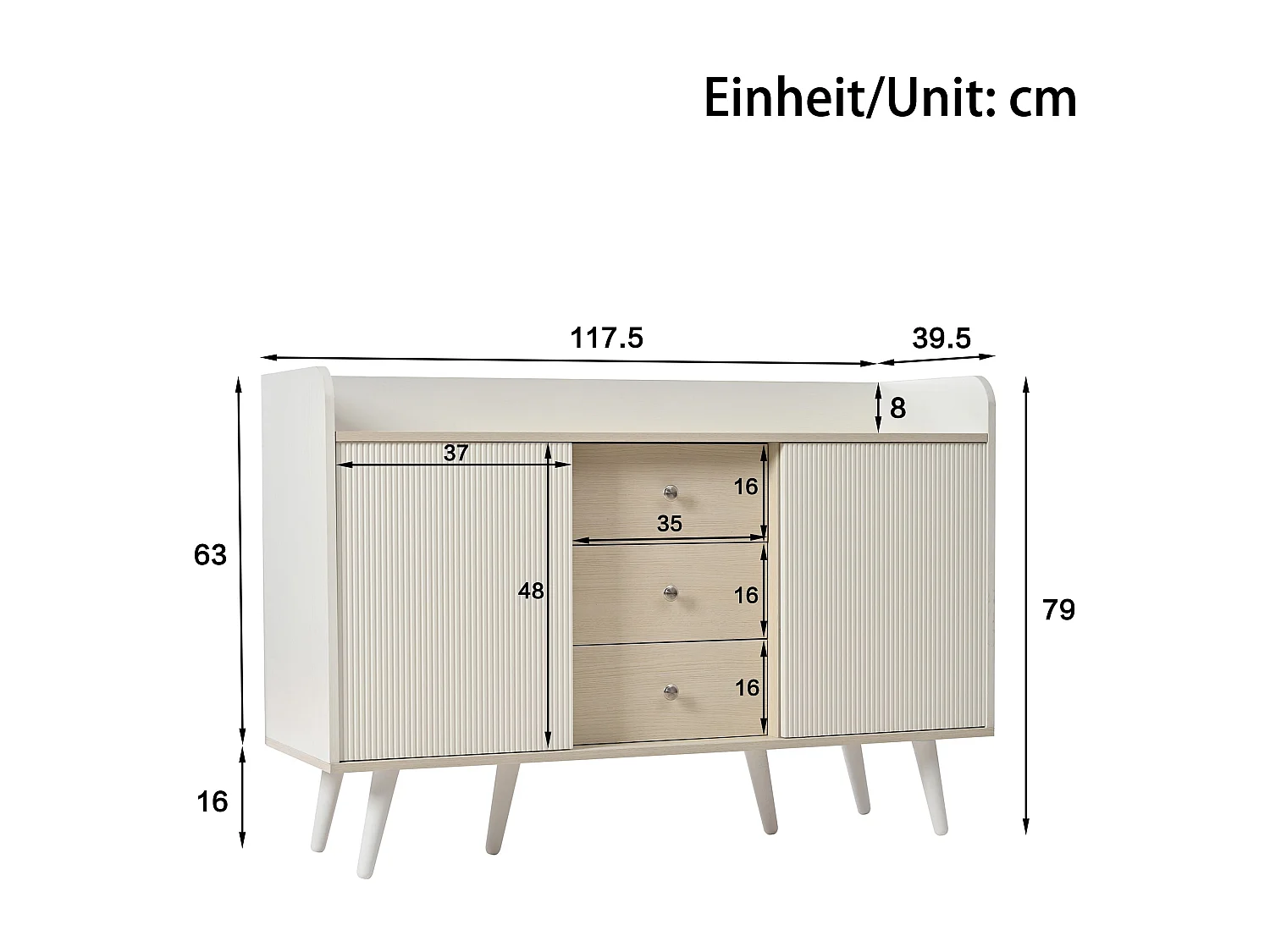 Buffet blanc avec 3 tiroirs et 2 portes - 117x39x79 cm