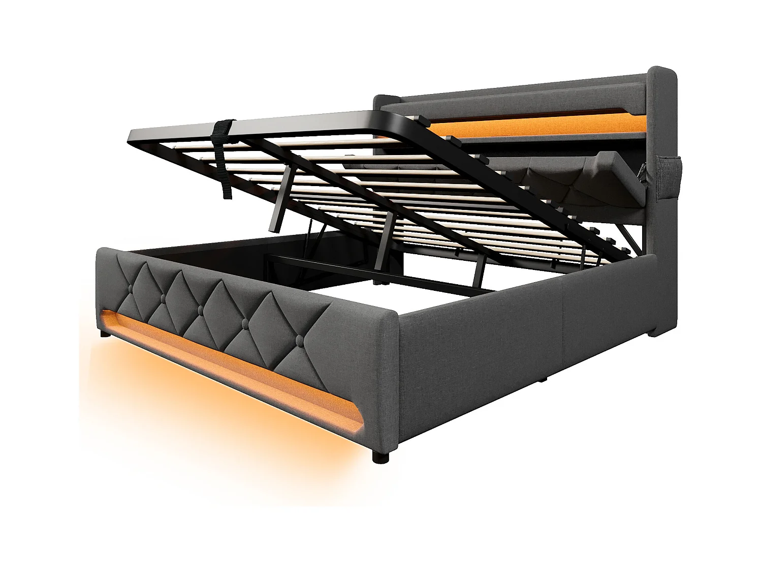 Lit coffre 140x200 cm, lin gris, Lit double avec chargement USB et éclairage LED, coffre hydraulique, sans matelas