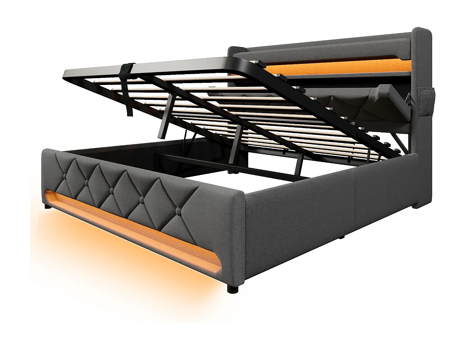 Lit coffre 140x200 cm, lin gris, Lit double avec chargement USB et éclairage LED, coffre hydraulique, sans matelas