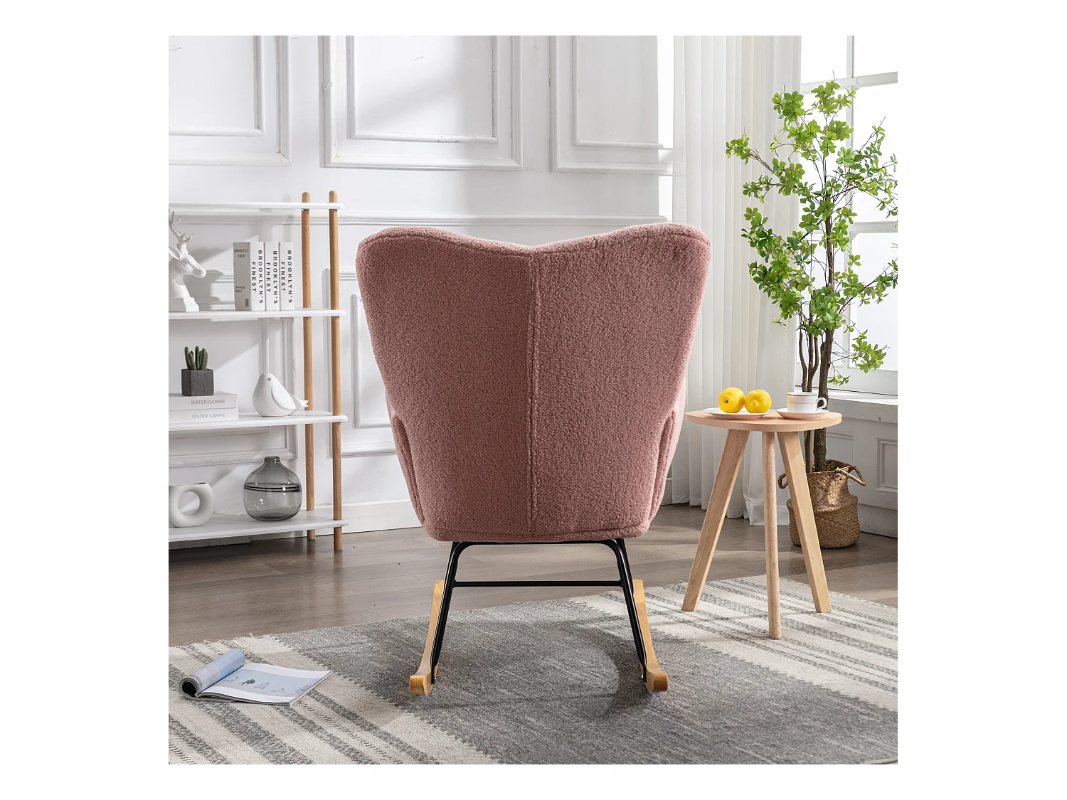 Moderner Schaukelstuhl, rosa Plüsch, Schaukelstuhl mit Armlehnen und Rückenlehne, geeignet für Wohn- und Schlafzimmer