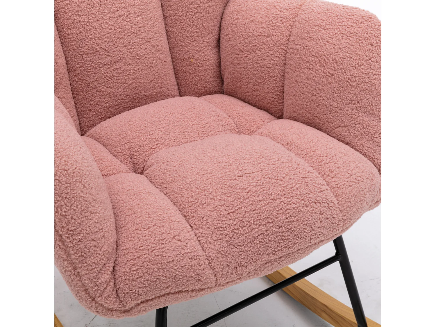 Nowoczesny fotel bujany, różowy plusz, fotel bujany z podłokietnikami i oparciem, odpowiedni do salonu i sypialni