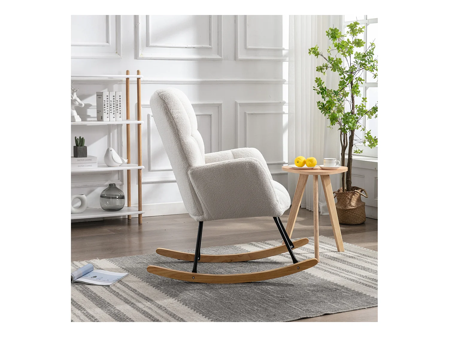 Fauteuil à bascule moderne, peluche blanc, fauteuil à bascule avec accoudoirs et dossier , pour salon et chambre