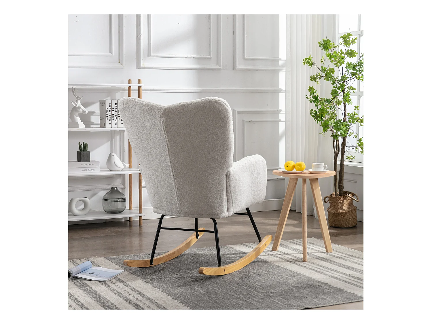 Fauteuil à bascule moderne, peluche blanc, fauteuil à bascule avec accoudoirs et dossier , pour salon et chambre
