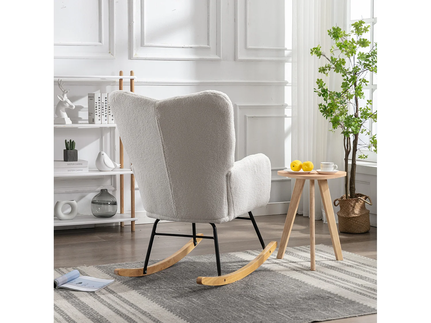 Fauteuil à bascule moderne, peluche blanc, fauteuil à bascule avec accoudoirs et dossier , pour salon et chambre
