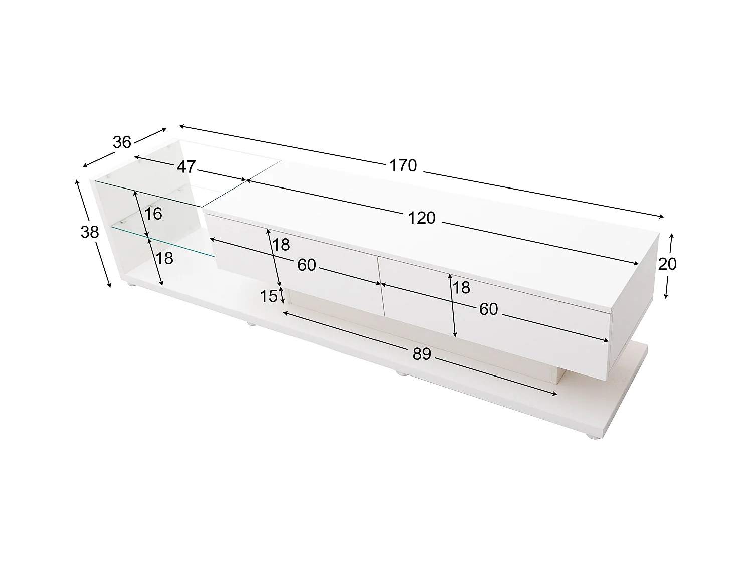 Meuble TV blanc avec 2 tiroirs et étagères ouvertes - Éclairage LED