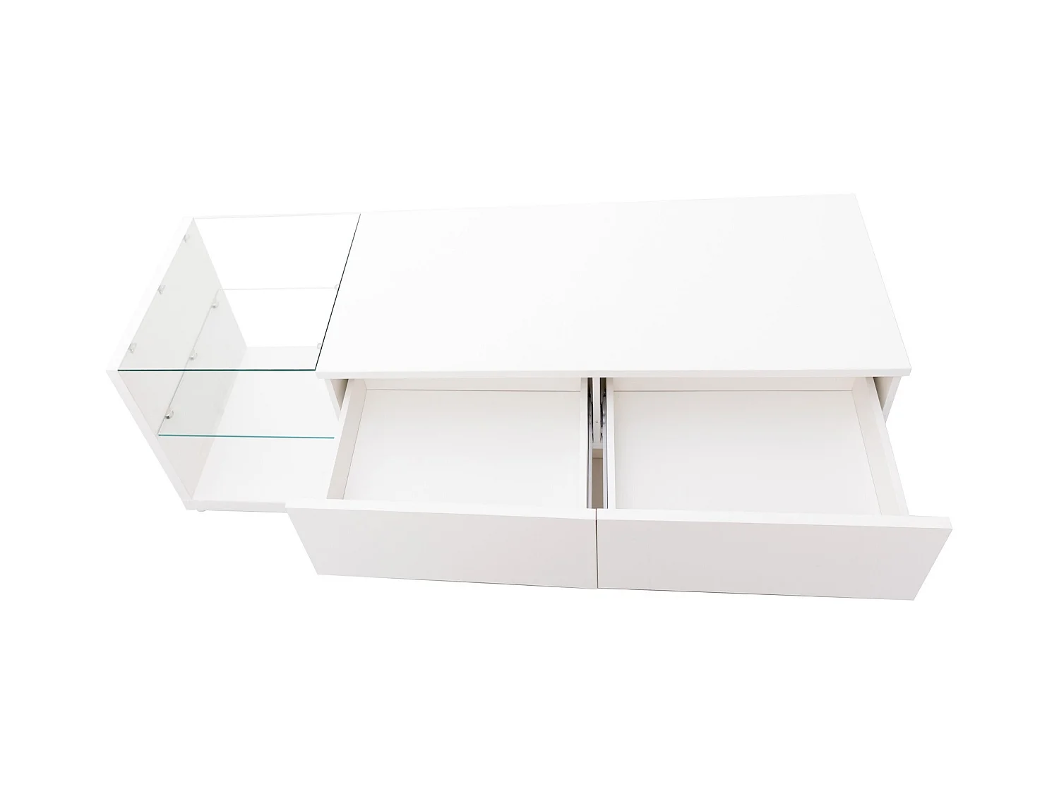 Meuble TV blanc avec 2 tiroirs et étagères ouvertes - Éclairage LED