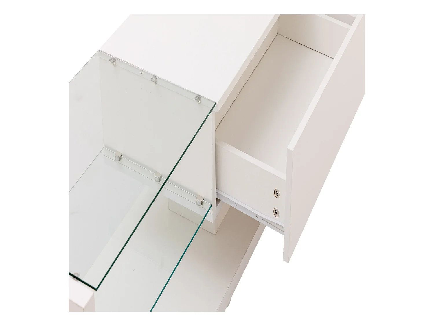 Meuble TV blanc avec 2 tiroirs et étagères ouvertes - Éclairage LED