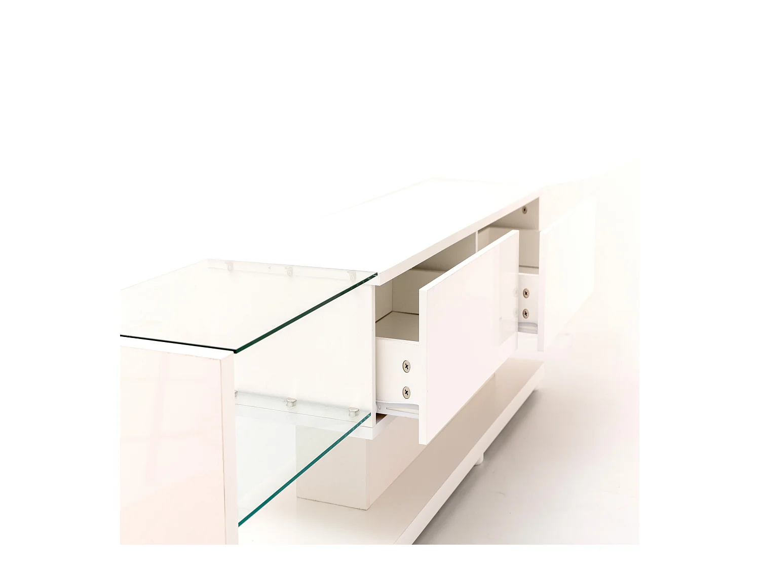 Meuble TV blanc avec 2 tiroirs et étagères ouvertes - Éclairage LED