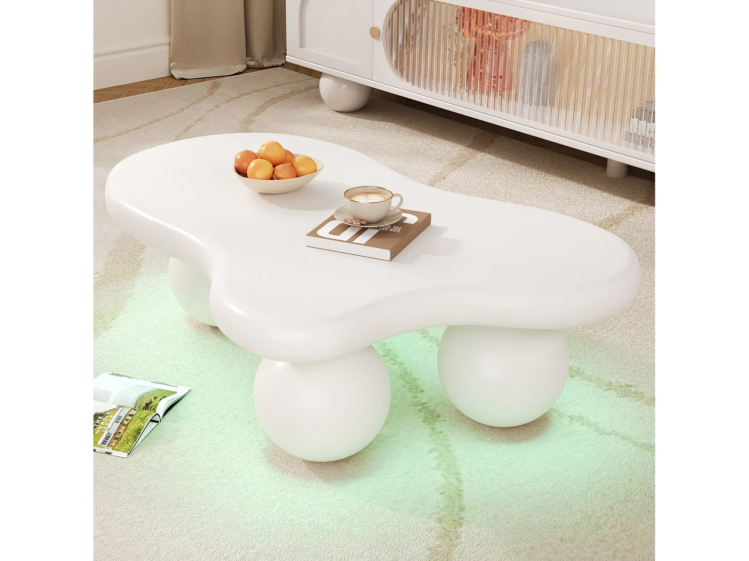 Witte Cloud salontafel met ledverlichting, 16 kleuren, ronde poten, voor woonkamer en kinderkamer