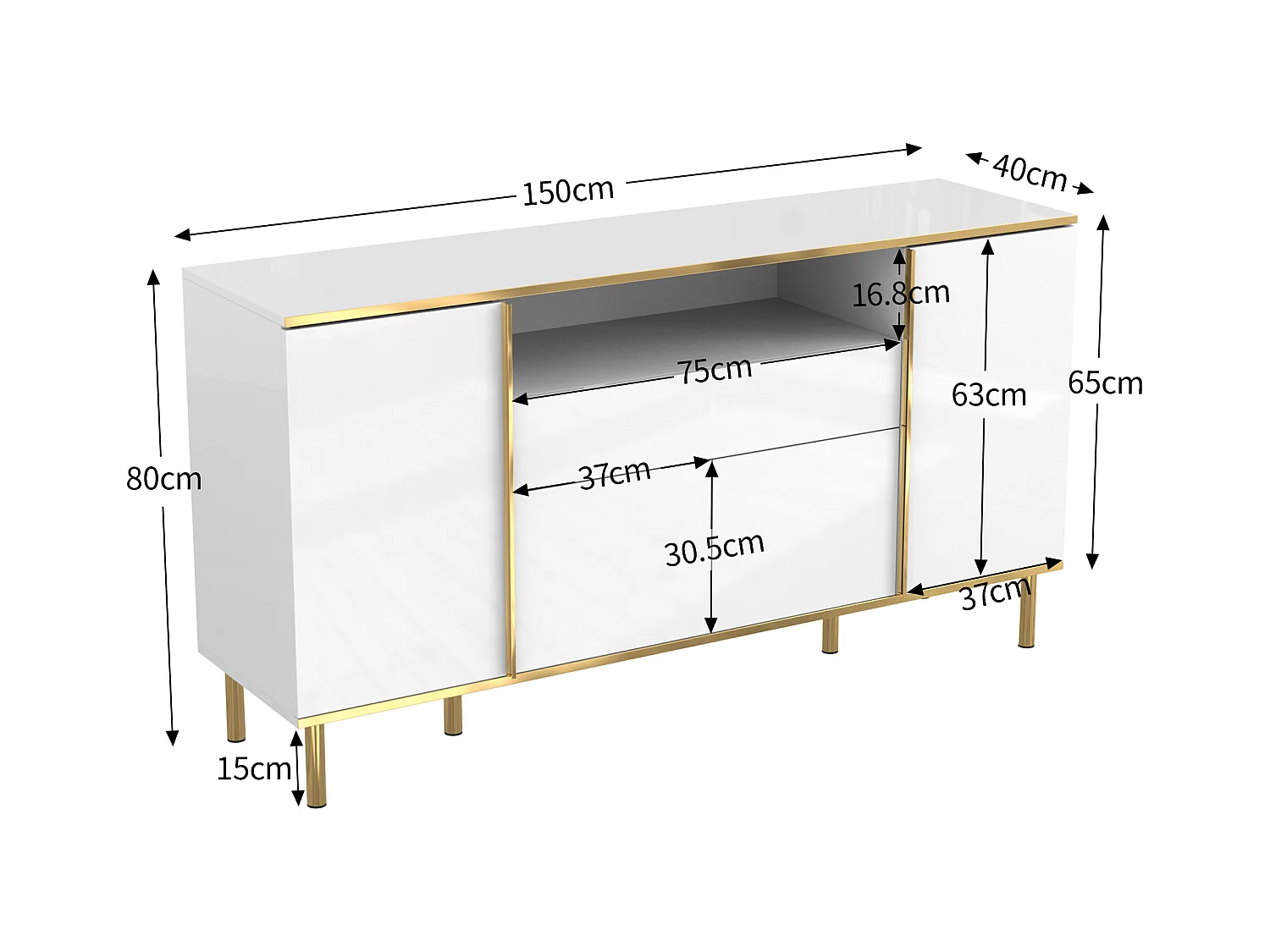 Buffet blanc, Buffet brillant avec 4 portes et 1 tiroir, éclairage LED, pour salon et salle à manger
