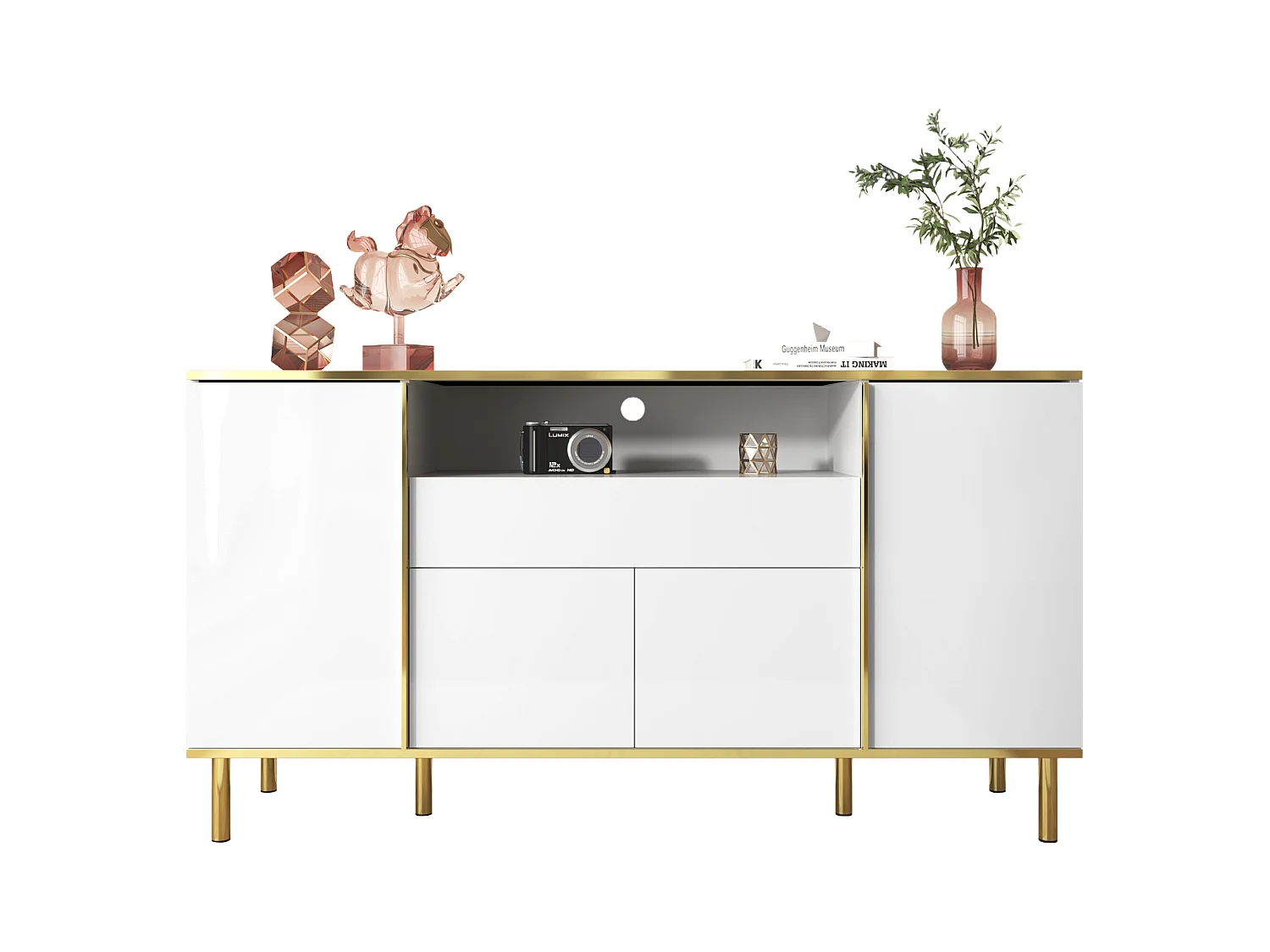 Buffet blanc, Buffet brillant avec 4 portes et 1 tiroir, éclairage LED, pour salon et salle à manger