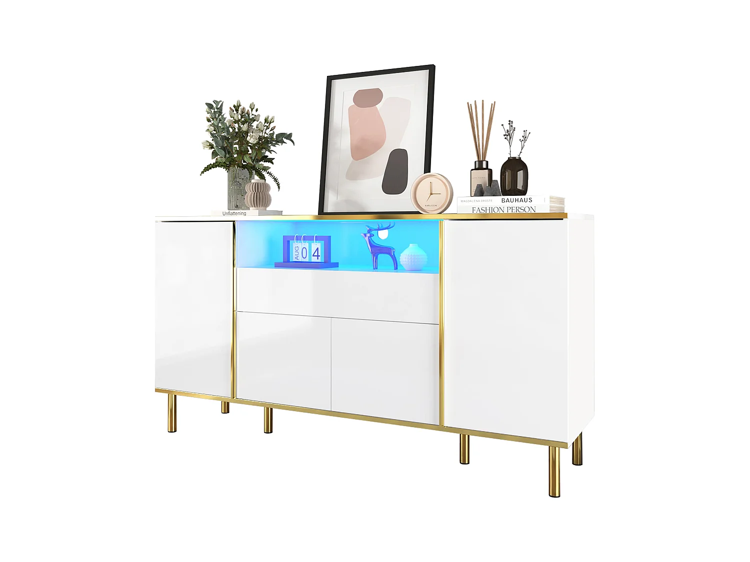 Buffet blanc, Buffet brillant avec 4 portes et 1 tiroir, éclairage LED, pour salon et salle à manger