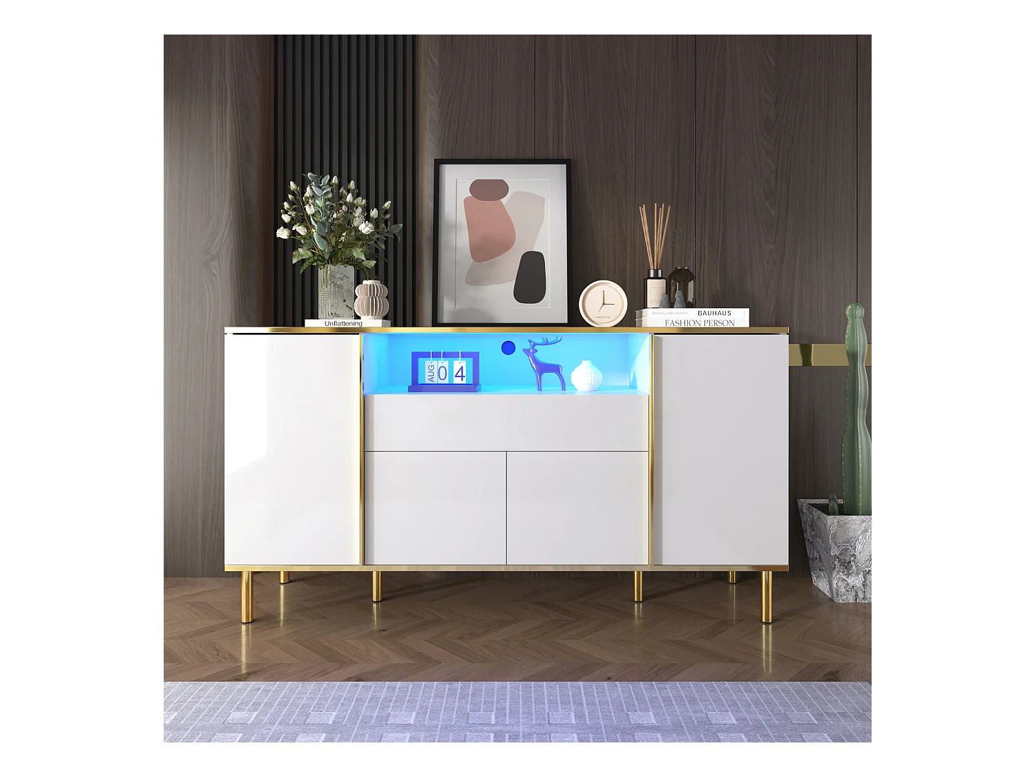Buffet blanc, Buffet brillant avec 4 portes et 1 tiroir, éclairage LED, pour salon et salle à manger