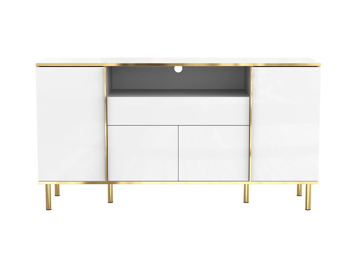 Buffet blanc, Buffet brillant avec 4 portes et 1 tiroir, éclairage LED, pour salon et salle à manger