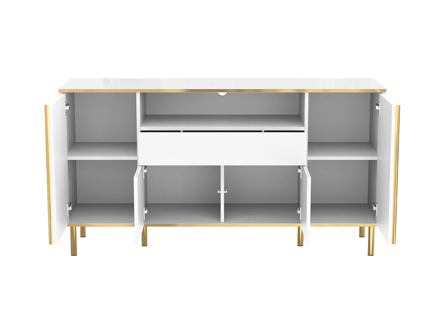 Buffet blanc, Buffet brillant avec 4 portes et 1 tiroir, éclairage LED, pour salon et salle à manger
