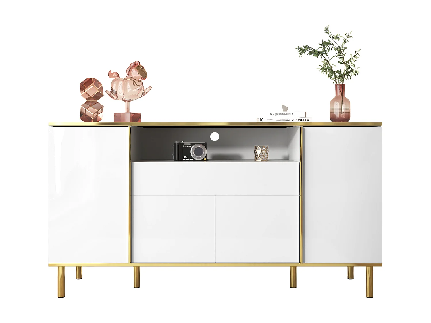 Buffet blanc, Buffet brillant avec 4 portes et 1 tiroir, éclairage LED, pour salon et salle à manger