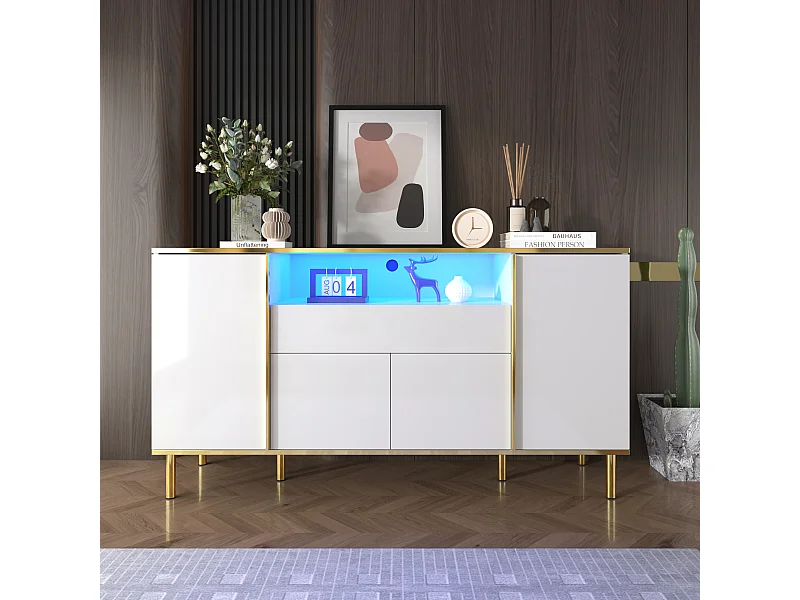 Buffet blanc, Buffet brillant avec 4 portes et 1 tiroir, éclairage LED, pour salon et salle à manger