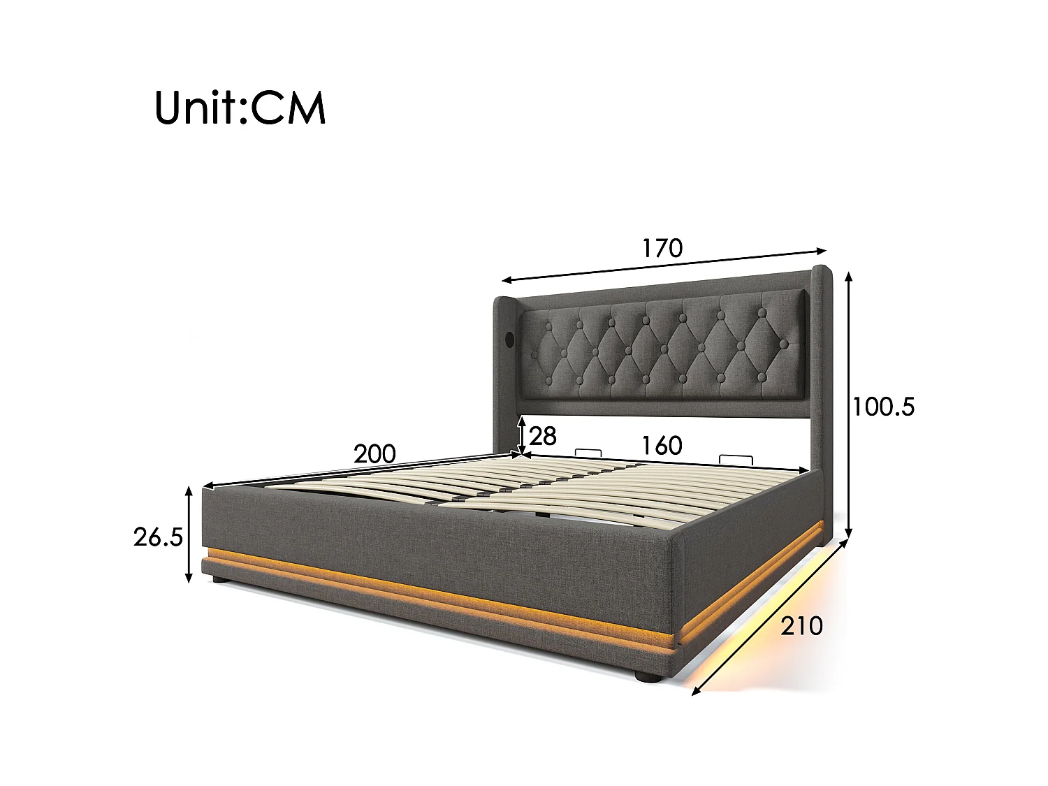 Lit coffre 160 x 200 cm, coton gris, Lit double avec LED et prise USB, sans matelas