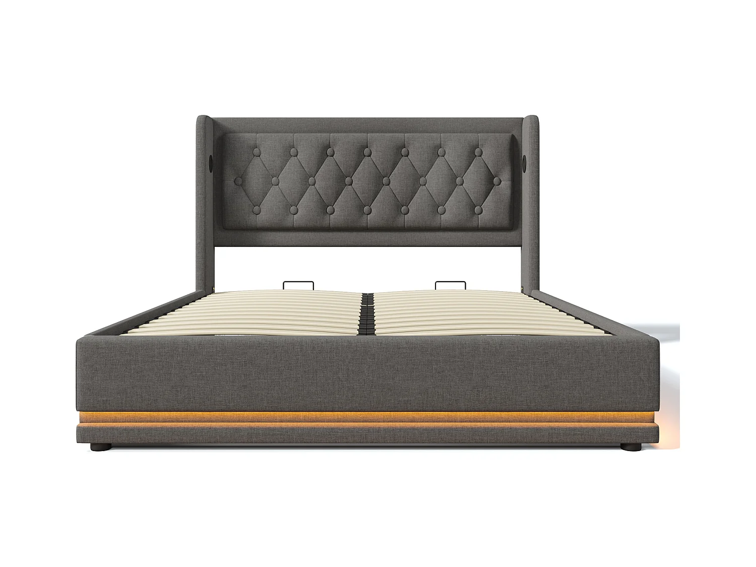 Bett mit Stauraum 160 x 200 cm, grau, Baumwolle, Doppelbett, mit LED und USB-Anschluss, ohne Matratze