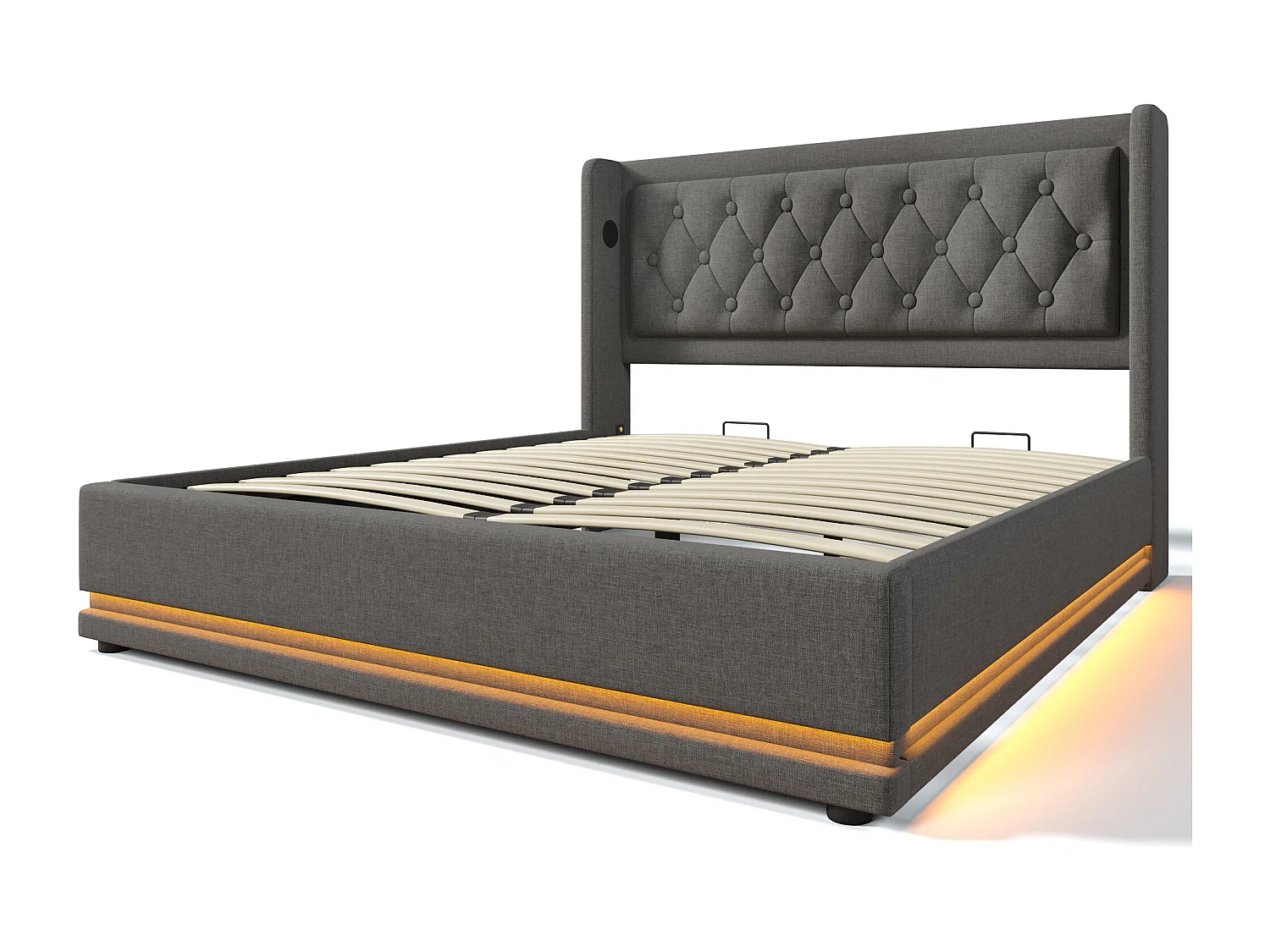 Bed met opbergruimte 160 x 200 cm, grijs katoen, tweepersoonsbed met led-verlichting en USB-aansluiting, zonder matras