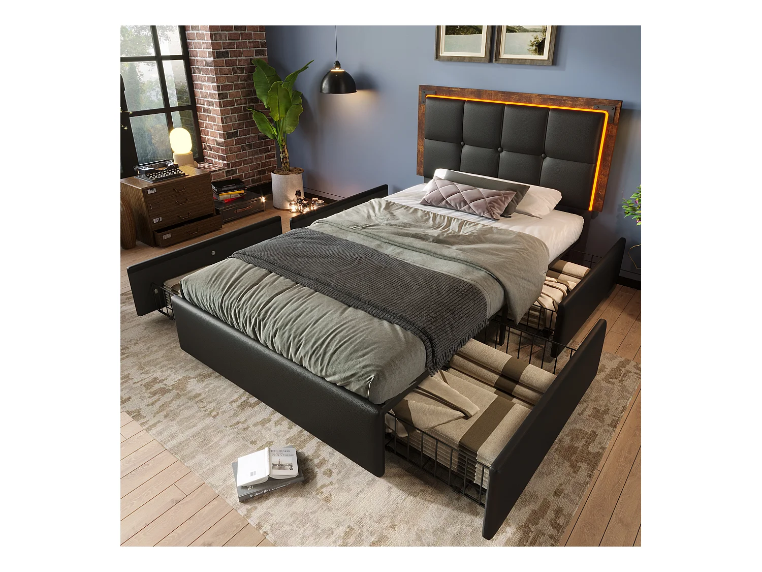 Łóżko młodzieżowe 90x200 cm, czarne PU, z regulowanym zagłówkiem i 4 szufladami, oświetlenie LED, bez materaca