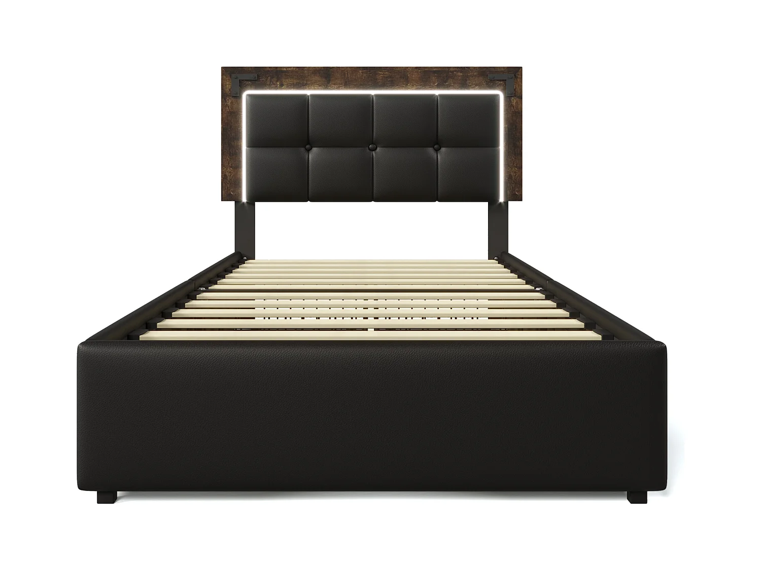 Łóżko młodzieżowe 90x200 cm, czarne PU, z regulowanym zagłówkiem i 4 szufladami, oświetlenie LED, bez materaca