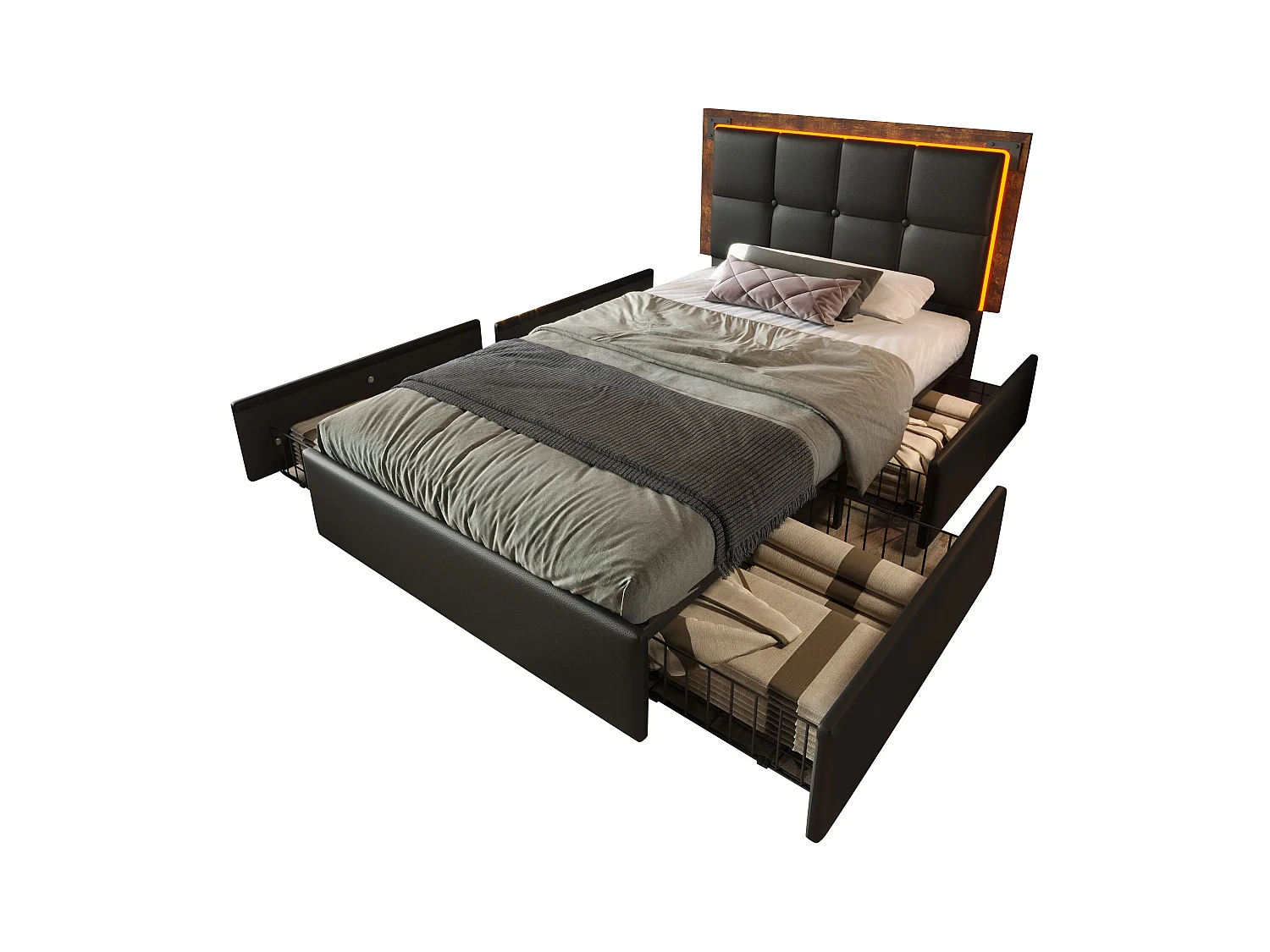 Łóżko młodzieżowe 90x200 cm, czarne PU, z regulowanym zagłówkiem i 4 szufladami, oświetlenie LED, bez materaca